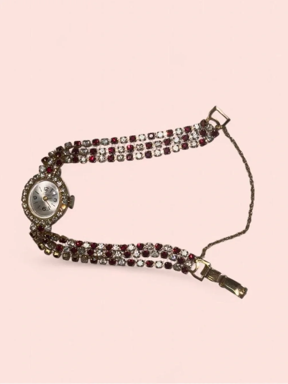 Vintage Eastman Quartz Rhinestone Cocktail Watch Gold Tone Ruby Red